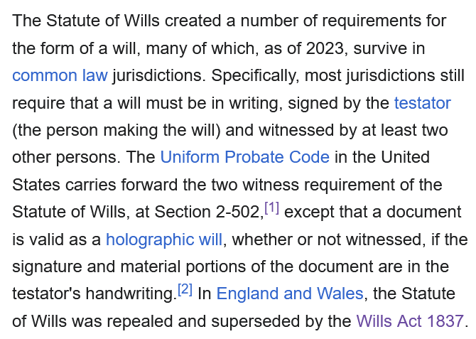 Dave_Lifelines's tweet photo. I've been reading up on the 1540 Statute of Wills (32 Hen VIII c.1) and I've found lots of references online - including the W*k*pedia page - claiming that it established the principle that wills had to be in writing and formally witnessed. It's just not true!
#ReadTheLegislation https://t.co/f2JTLJTtPf