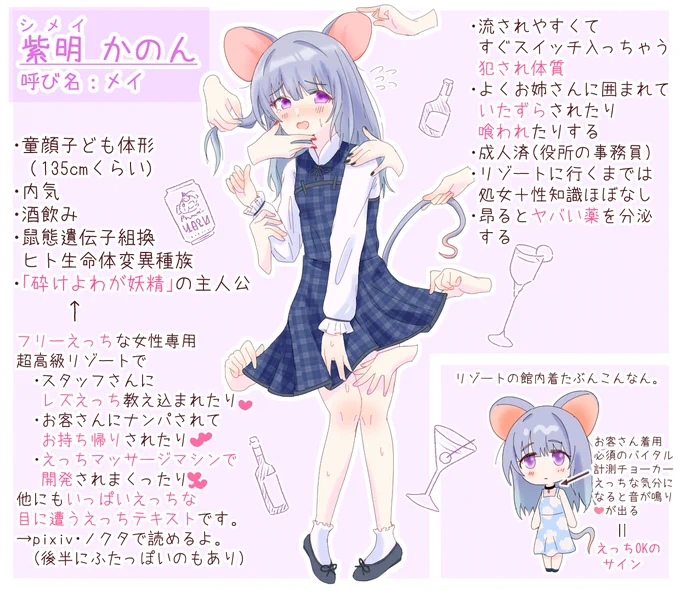 内気なネズミ娘が女性専用超高級リゾートでお姉さんに食われまくるSFえっちテキスト「砕けよわが妖精」より、メイさんです。某所で好評そうならいつか他の子も描くかも 