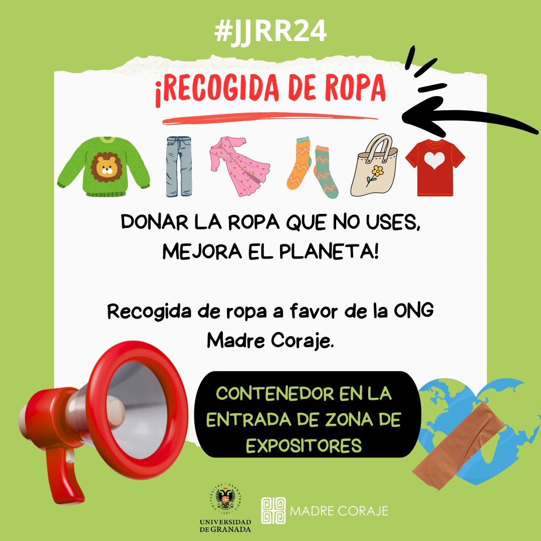 📢¿Tienes ropa que ya no usas?
✅Puedes donarla a la ONG madre coraje en las Jornadas de Recepción #jjrr24
🗓️Miércoles y jueves, mañana y tarde
📍En Paseillos Universitarios