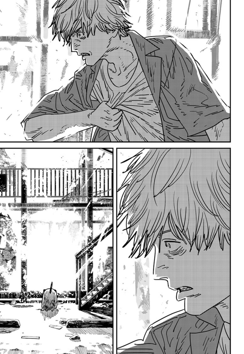 bussaychae's tweet photo. this still is my favourite denji panel. the raw rage and hatred in his face, his eyes full of despair, his teeth bared like a threatened dog. hes watching his chance at a "normal life", the only things he had to remind him of aki and power,his dream burn away in front of his eyes https://t.co/l5jqlz8D5R