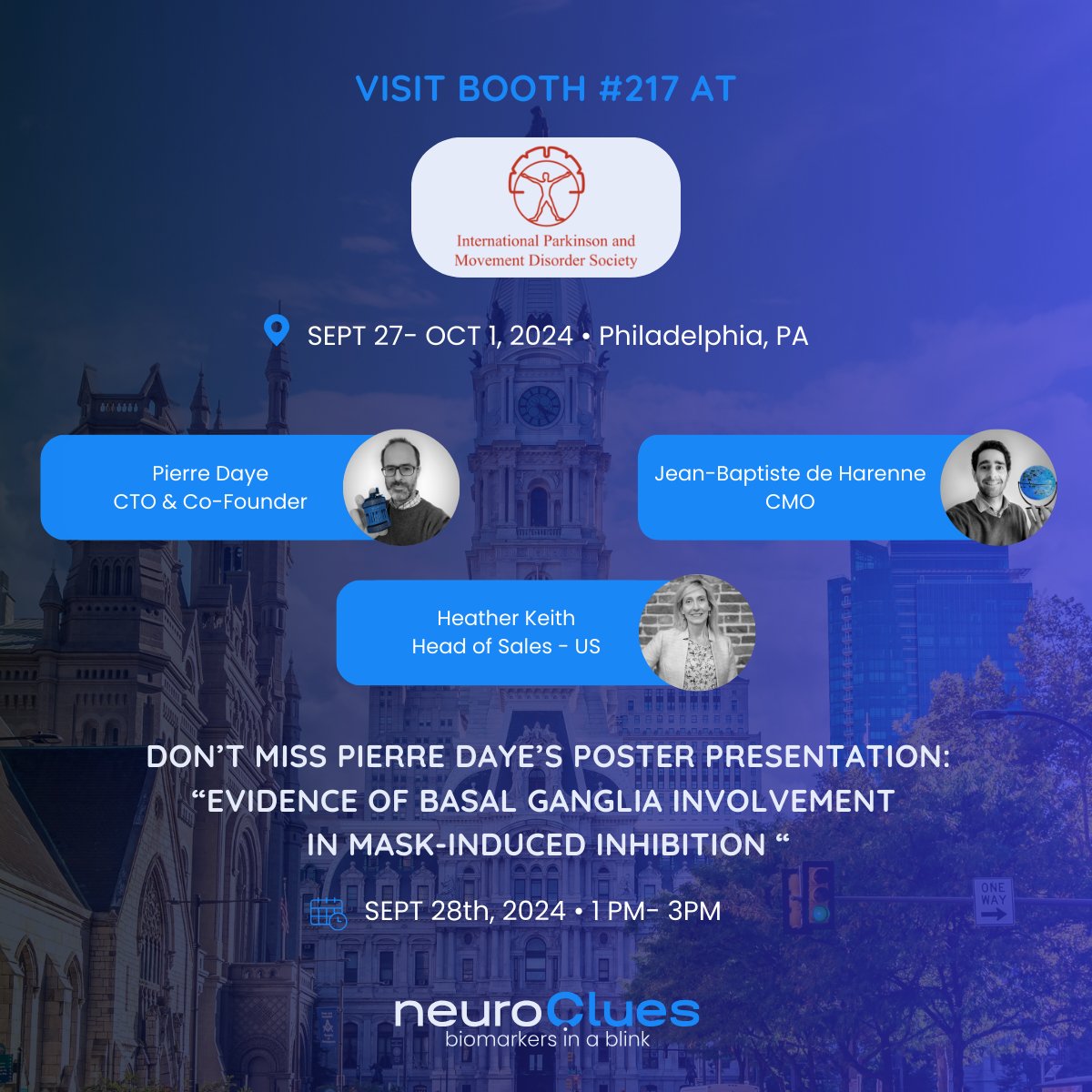 neuroClues's tweet image. Excited for the 2024 @movedisorder meeting!
How can eye-tracking help in #Parkinsons ? Early detection, Accurate diagnosis & Treatment monitoring
Don’t miss our poster on a potential pre-clinical Parkinson's test (Sept 28)! Visit us at booth #217 to learn more! #MDSCongress
