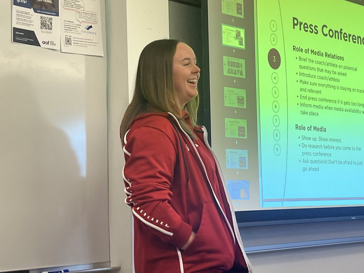 JasonStammSaid's tweet photo. Privileged to have one of my former @Unl_CoJMC students, @paigetrutna of @huskers athletics to help prep my sports writing students for their press conference and shed tons of insight!!! 👏💯 https://t.co/c20HzDv9lQ