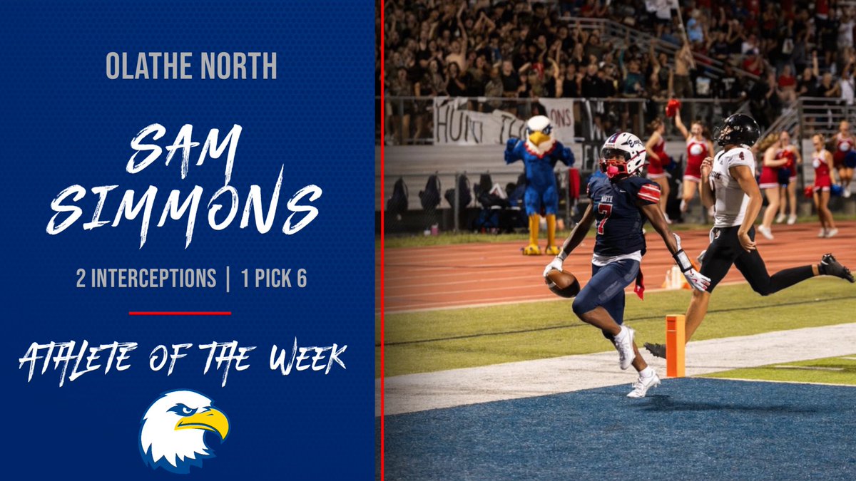 Sam Simmons is our athlete of the week 🏈 He had two interceptions and 1 pick 6 in the Eagles big win over Lawrence 🦅