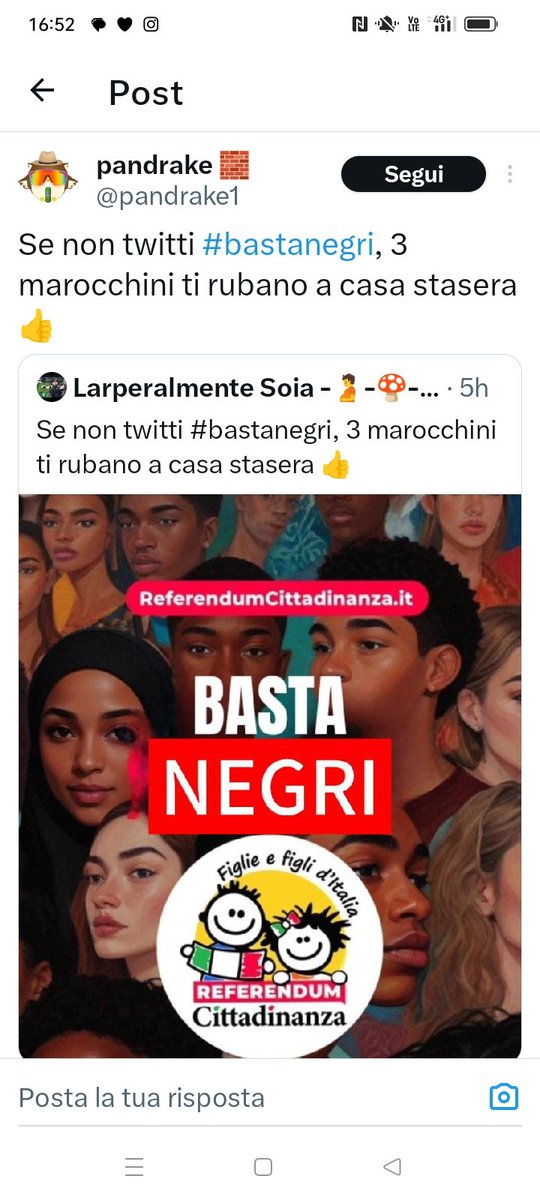 #bastanegri non è il solito #hastagh idiota, è proprio il manifesto dei fasci razzisti dei seguaci di #Meloni e #Salvini.

Iniziate a segnalare per odio razziale, eliminiamo da Twitter la feccia.

Grazie.