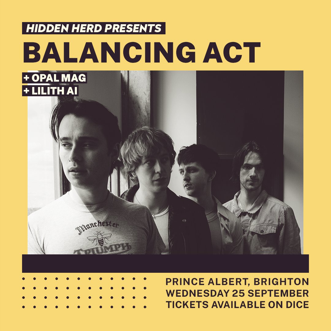 Brighton! The next Hidden Herd show is TOMORROW at The Prince Albert with <a href="/BLNCNGACT/">Balancing Act</a>, Opal Mag and <a href="/lilithaimusic/">lilith_ai</a> 🔥

Don’t miss out! Hurry and grab your tickets while you still can on DICE ➡️ linktr.ee/hiddenherd

(Psst! Use promo code HIDDENHERD for cheap list 🎟️)