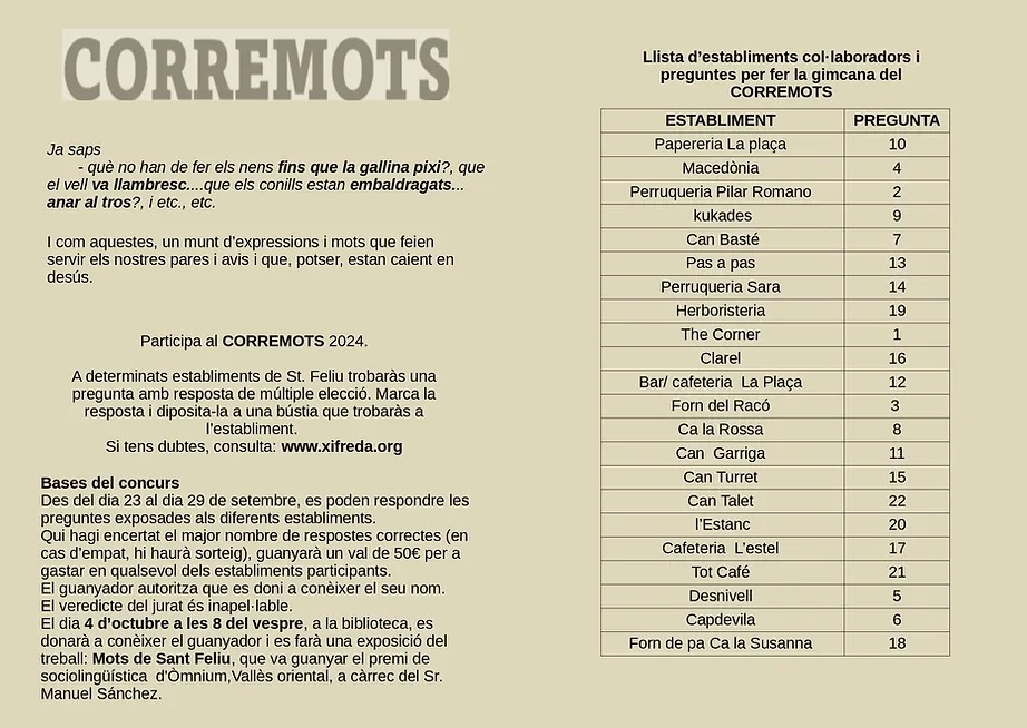 El Museu Municipal Can Xifreda #sfc182 engega el projecte Corremots!👇

Del 23 al 29 de setembre, 22 comerços participen en una gimcana per posar a prova els coneixements sobre mots i expressions tradicionals. 

➡️ El guanyador/a s'anunciarà el 4 d'octubre

#SantFeliudeCodines
