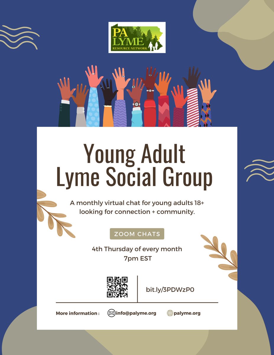 PA Lyme Resource Network (@palyme1) on Twitter photo Our ๐ฌ๐ผ๐๐ป๐ด ๐๐ฑ๐๐น๐ ๐๐๐บ๐ฒ ๐ฆ๐ผ๐ฐ๐ถ๐ฎ๐น ๐๐ฟ๐ผ๐๐ฝ is for ๐๐ผ๐๐ป๐ด ๐ฎ๐ฑ๐๐น๐๐ ๐ญ๐ด+ navigating #LymeDisease and seeking a confidential space to connect with peers.
Date: Thursday, September 26th
Time: 7PM EST
Zoom Link: bit.ly/3PDWzP0
<a href="/LymieMoms/">LymieMomsUnite</a> Our ๐ฌ๐ผ๐๐ป๐ด ๐๐ฑ๐๐น๐ ๐๐๐บ๐ฒ ๐ฆ๐ผ๐ฐ๐ถ๐ฎ๐น ๐๐ฟ๐ผ๐๐ฝ is for ๐๐ผ๐๐ป๐ด ๐ฎ๐ฑ๐๐น๐๐ ๐ญ๐ด+ navigating #LymeDisease and seeking a confidential space to connect with peers.
Date: Thursday, September 26th
Time: 7PM EST
Zoom Link: bit.ly/3PDWzP0
<a href="/LymieMoms/">LymieMomsUnite</a>