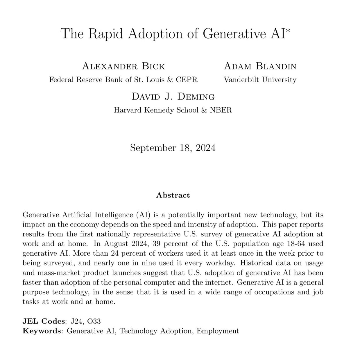 emollick's tweet photo. This August 2024 US survey of AI use confirms that AI is not just hype:
1) AI adoption is crazy fast by historical standards
2) It obviously useful to people in many industries. 25% people use GenAI at least 60 minutes a day at work, already
3) AI is being used for many purposes https://t.co/XPHqj48UsH