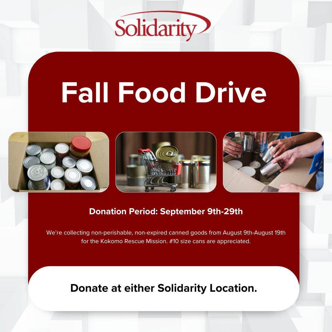 SolidarityCU's tweet photo. The Fall Food Drive ends on September 29...just 5 days left. 👌 You can drop off your donation at either location until then! All donations benefit the Kokomo Rescue Mission.

#KokomoRescueMission #Solidarity #FallFoodDrive https://t.co/TzDEvYzszy