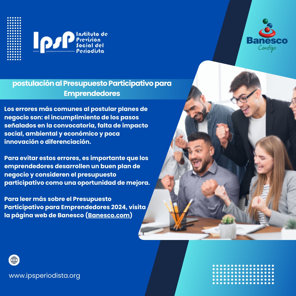 Colega Periodista: ¿Quieres saber cómo mejorar tu postulación a la 3era edición del Programa de Formación de Microempresarios Banesco? Visita el siguiente enlace para tener más información y seguir cada paso  
ipsperiodista.org/como-mejorar-l…