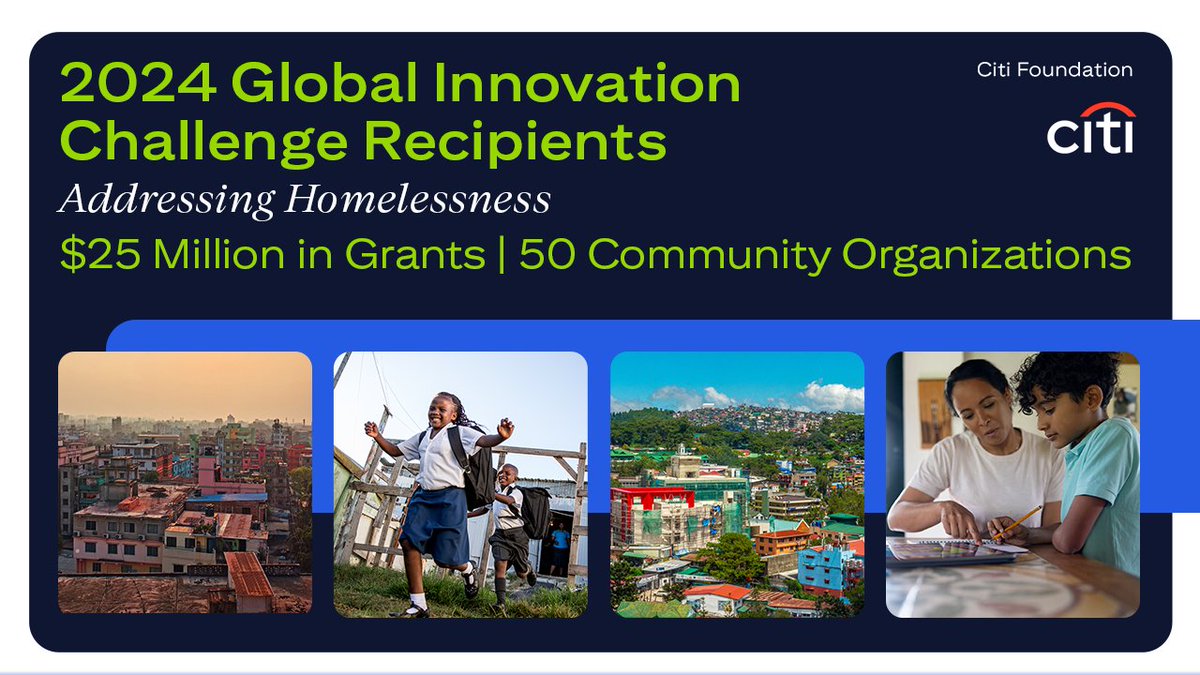 Citi's tweet image. Far too many of our neighbors in communities around the world lack adequate housing. With its 2024 Global #InnovationChallenge, the Citi Foundation is granting a collective $25 million to 50 community organizations working to address homelessness. More: on.citi/3XASoqG