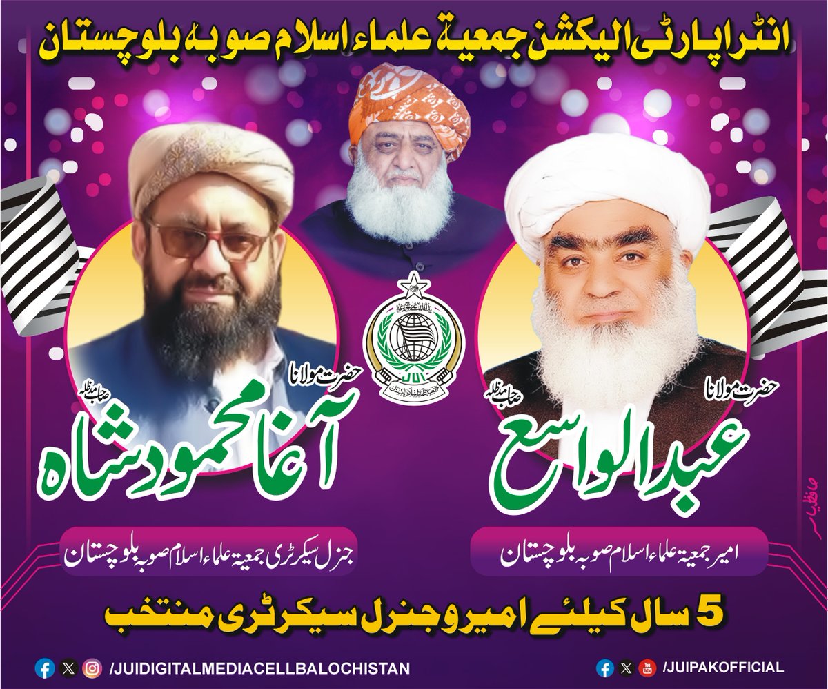 انٹرا پارٹی انتخابات ،صوبہ بلوچستان 
آئندہ پانچ سالوں کے لئے جمعیۃ علماسلام صوبہ بلوچستان کے مولاناعبدالواسع امیرجبکہ آغامحمودشاہ جنرل سکریٹری منتخب