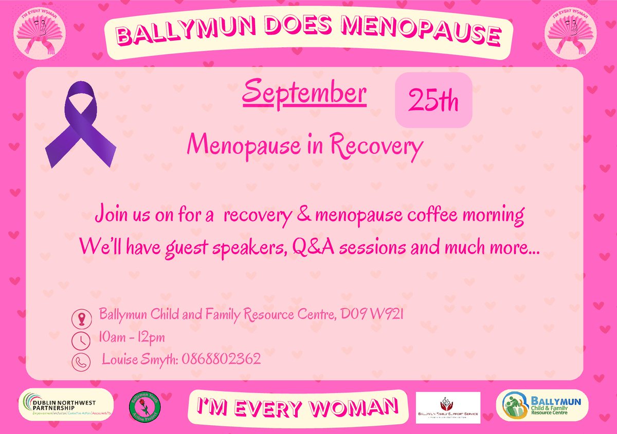 Happening TOMORROW from 10am-12pm pop down for our 9th #BallymunDoesMenopause and to show your Support for <a href="/BallymunRecove1/">Ballymun Recovery</a> #Month 💜💓💜 

#Menopause #IsForEveryWoman #Recovery #IsForEveryPerson #EveryFamily #EveryCommunity
