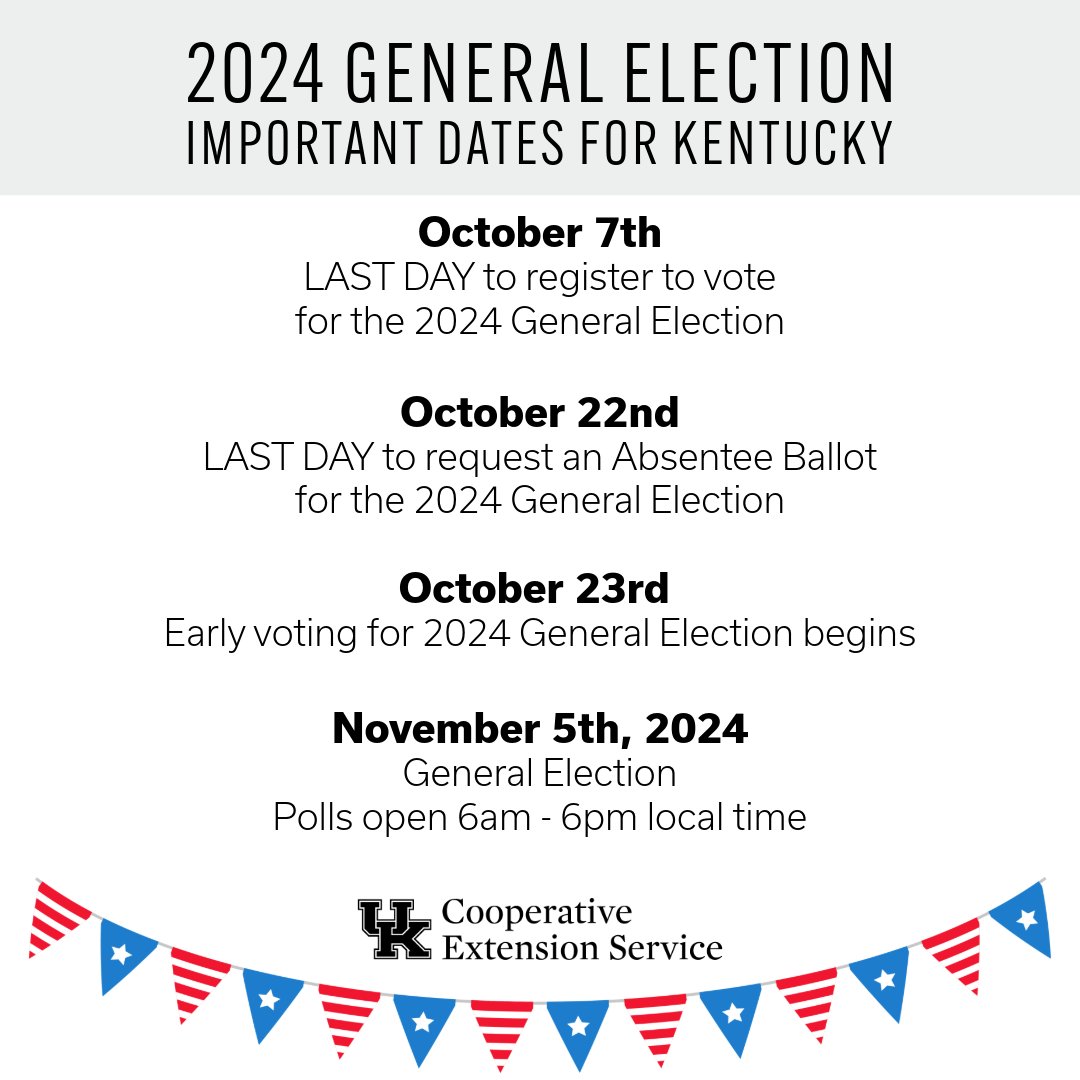BlueprintKY's tweet photo. Important dates for the 2024 General #Election:
10/7 – LAST DAY to register to #vote
10/22 – LAST DAY to request an Absentee Ballot
10/23 – Early voting begins
11/5 – 2024 General Election - polls open 6a-6p local time
Learn more>>https://t.co/xxrQuVH8Gd https://t.co/GDRZ874axa
