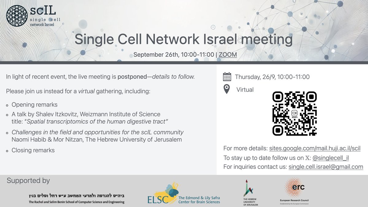 singlecell_il's tweet image. Due to the escalating situation, limiting participation of many in the community, we decided to postpone the in-person event.💔
We will have a zoom on Thursday (26/9) 10-11AM, as an intro to community, w/ talk by @SItzkovitz, and challenges overview by @naomi_habib &amp;amp; @mor_nitzan