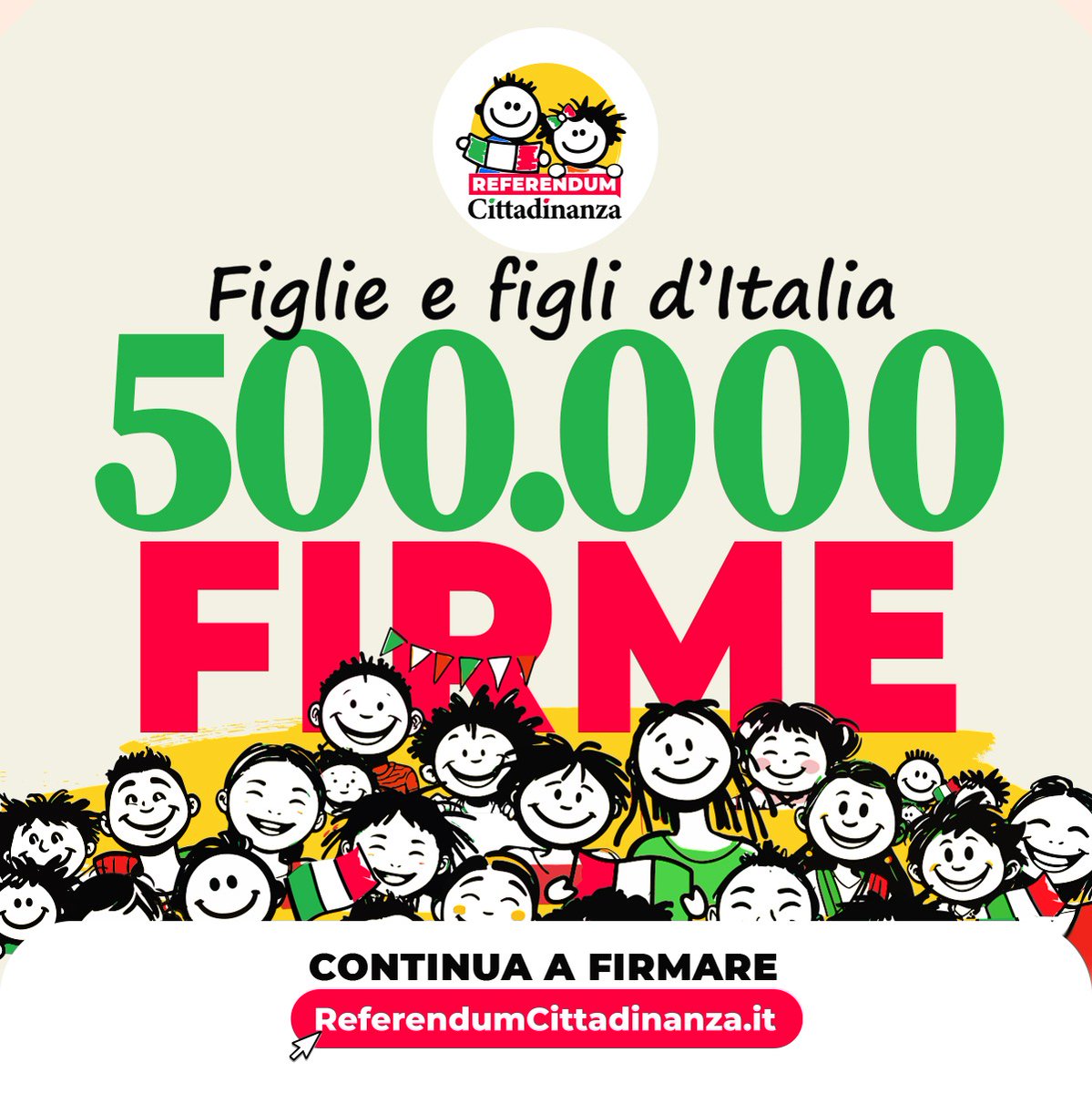 Ce l’abbiamo fatta!

In pochissimi giorni 500.000 cittadine e cittadini hanno firmato per il #ReferendumCittadinanza.

Hanno dimostrato che, quando il Parlamento non trova il coraggio di cambiare leggi ingiuste, possono mobilitarsi e farlo loro stessi, grazie alla Costituzione.