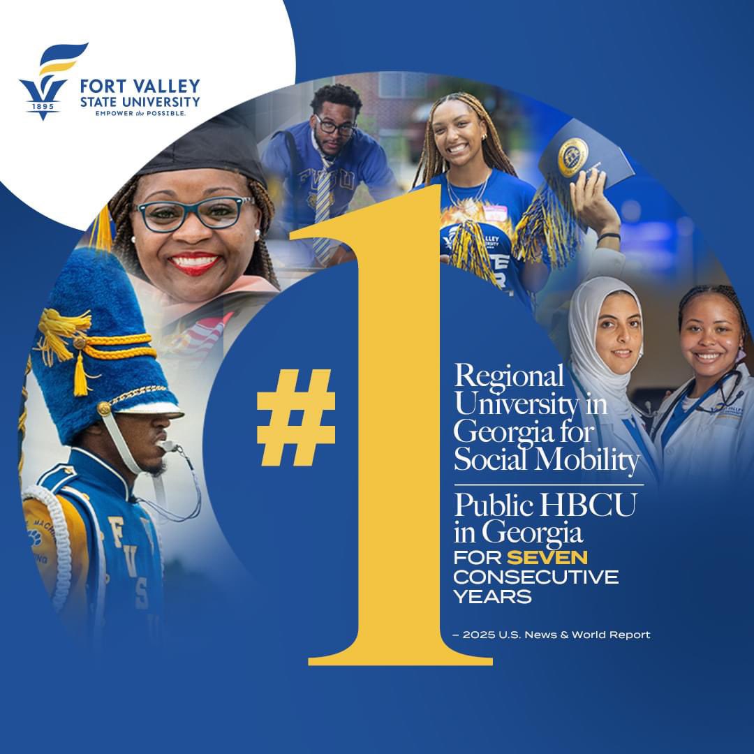 FVSUDCAlumni's tweet photo. 📢Fort Valley State University is now #1 in Georgia for Social Mobility among all regional universities (south), public or private, in the 2025 U.S. News &amp; World Report rankings!🎉

And we’re STILL the #1 Public HBCU in Georgia for the SEVENTH consecutive year! 💙💛🥳🍑 https://t.co/VKkkEVSJUZ