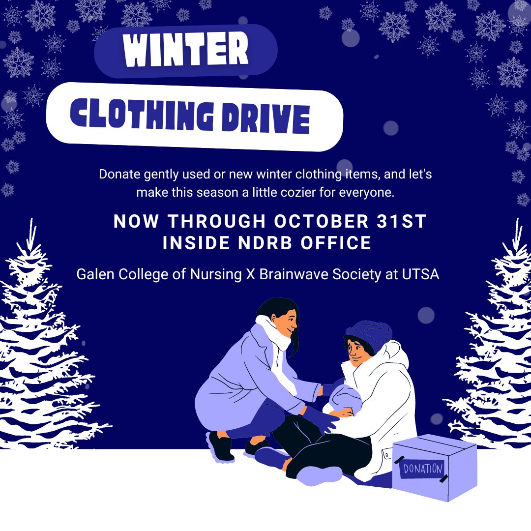 UTSANeuroDevRe1's tweet image. Hey runners! Brainwave Society and Gallen College of Nursing has set up a winter clothing drive! Donate gently used or new winter clothing items now through October 31st at the NDRB Office. BSE 2.304 #UTSA #BrainwaveSociety #NDRB #Gallen #Roadrunners
