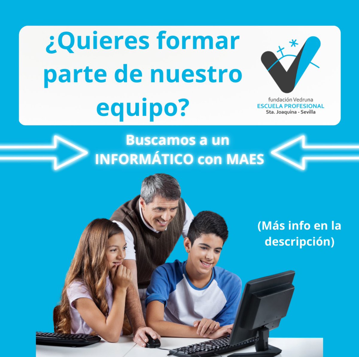 ✨¿Quieres unirte a la Escuela Profesional Vedruna?✨
Buscamos docente para DAM y DAW 
Requisitos:
🔹Grado/Licenciatura en Ingeniería electrónica, industrial, eléctrica, informática o técnico de sistemas/gestión.
🔹CAP, MAES, o acreditar 1 año de docencia completa antes d 2008