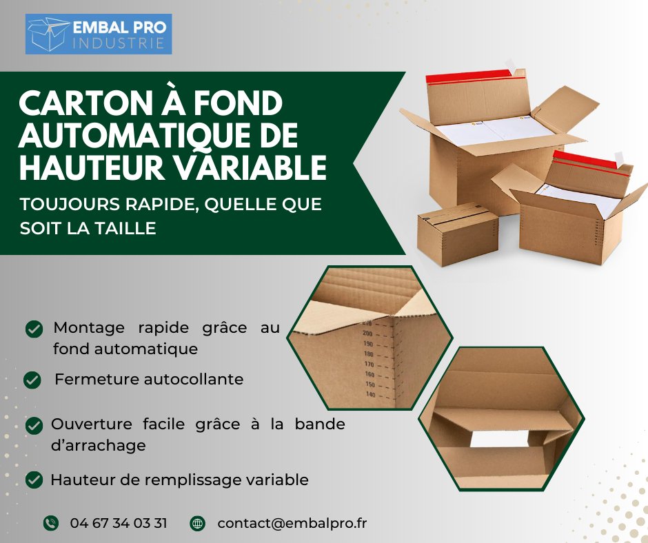 EmbalPro's tweet photo. Carton à fond automatique de hauteur variable.
Montage rapide: Le fond automatique se met en place en un clin d'œil, sans avoir besoin de ruban adhésif ou d'agrafes.

#Rapidité #flexibilité #ecommerce #économie #environnement https://t.co/REyCPlJbS0