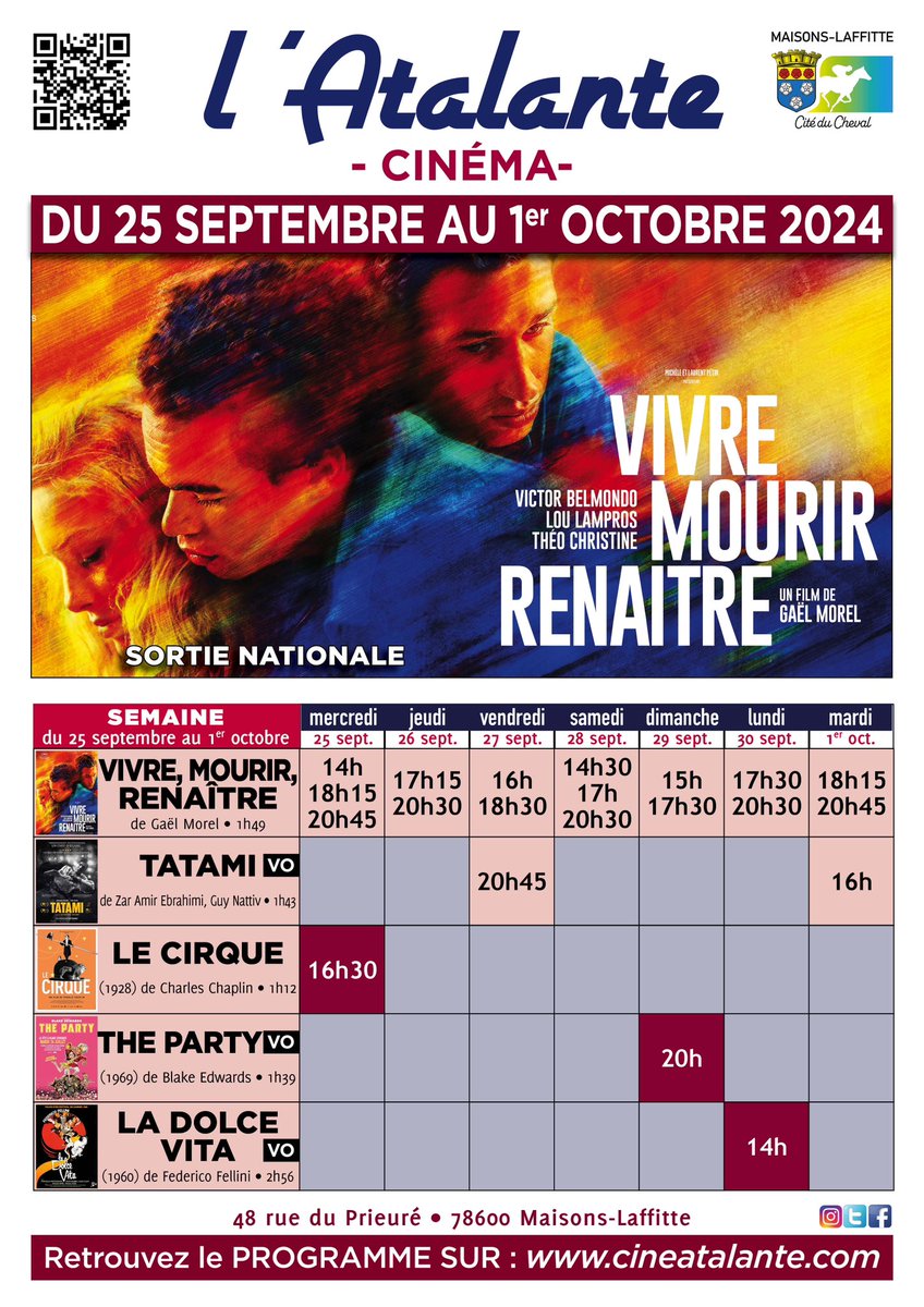 [PROGRAMME]
💙💛🧡 #vivremourirrenaître est en sortie nationale cette semaine à l'Atalante !
#tatami est toujours à l'affiche pour les retardataires.
Et c'est le retour du Festival Play it Again! avec trois films à (re)découvrir en salle : LE CIRQUE, THE PARTY et LA DOLCE VITA.