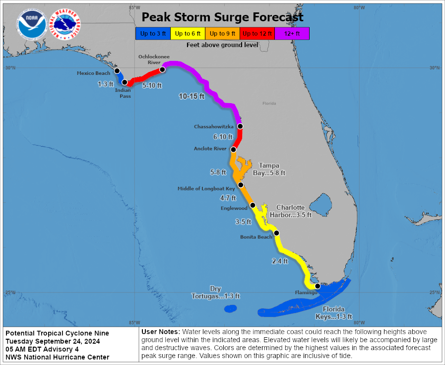 PinellasEM's tweet photo. ‼️ A Storm Surge Watch and a Hurricane Watch are in effect for #Pinellas. Storm Surge flooding of 5' - 8' ABOVE GROUND is currently forecast. Check the latest updates at https://t.co/jjHKiSKag9 and https://t.co/qoC5nl4OZD regularly as the forecasts evolve! #PTCNine https://t.co/jDOlCbN9lC