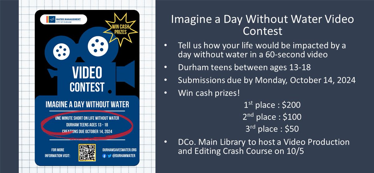 📽️🎬💡Lights! Camera! Imagine! Durham filmmakers ages 13-18, the 2024 Imagine a Day Without Water short video contest is now accepting entries. Visualize the impact of a day without water and then make a video about it. Due date: October 14. Cash prizes!
durhamnc.gov/3746