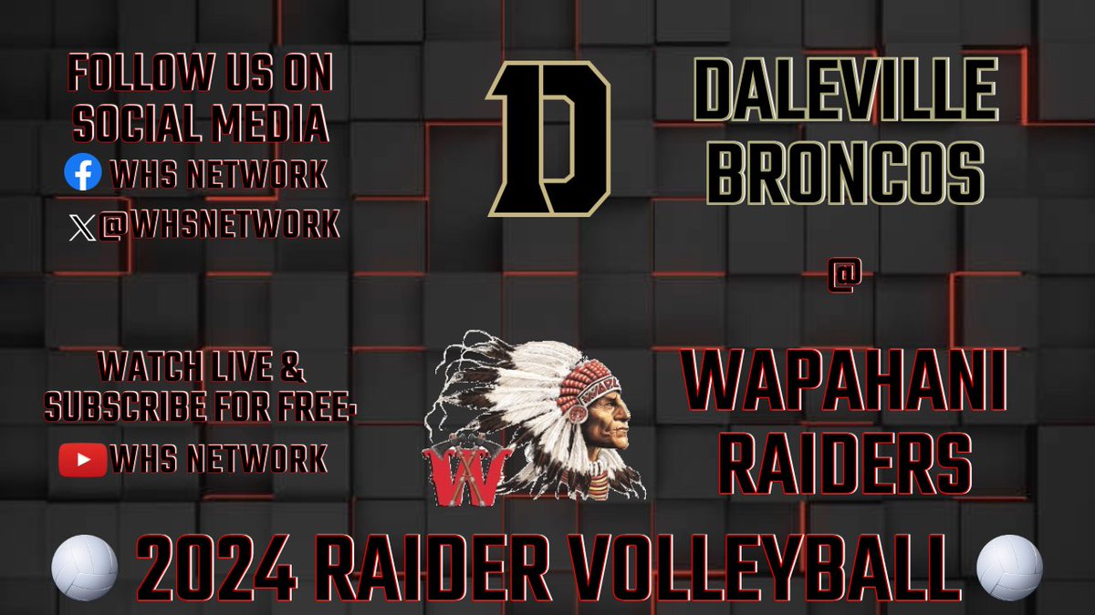 WHSNETWORK's tweet photo. Good Morning, Raider Country! HUGE MEC Matchup coming your way tonight as your Wapahani Raiders take on the Daleville Broncos LIVE on https://t.co/xJr9vSxmRH. JV Starts at 6:00 &amp; Varsity Game to Follow. Please come on out and pack the gym in a Sea of Red &amp; Black. Go Raiders! 🏐 https://t.co/tiUYkYM2g6