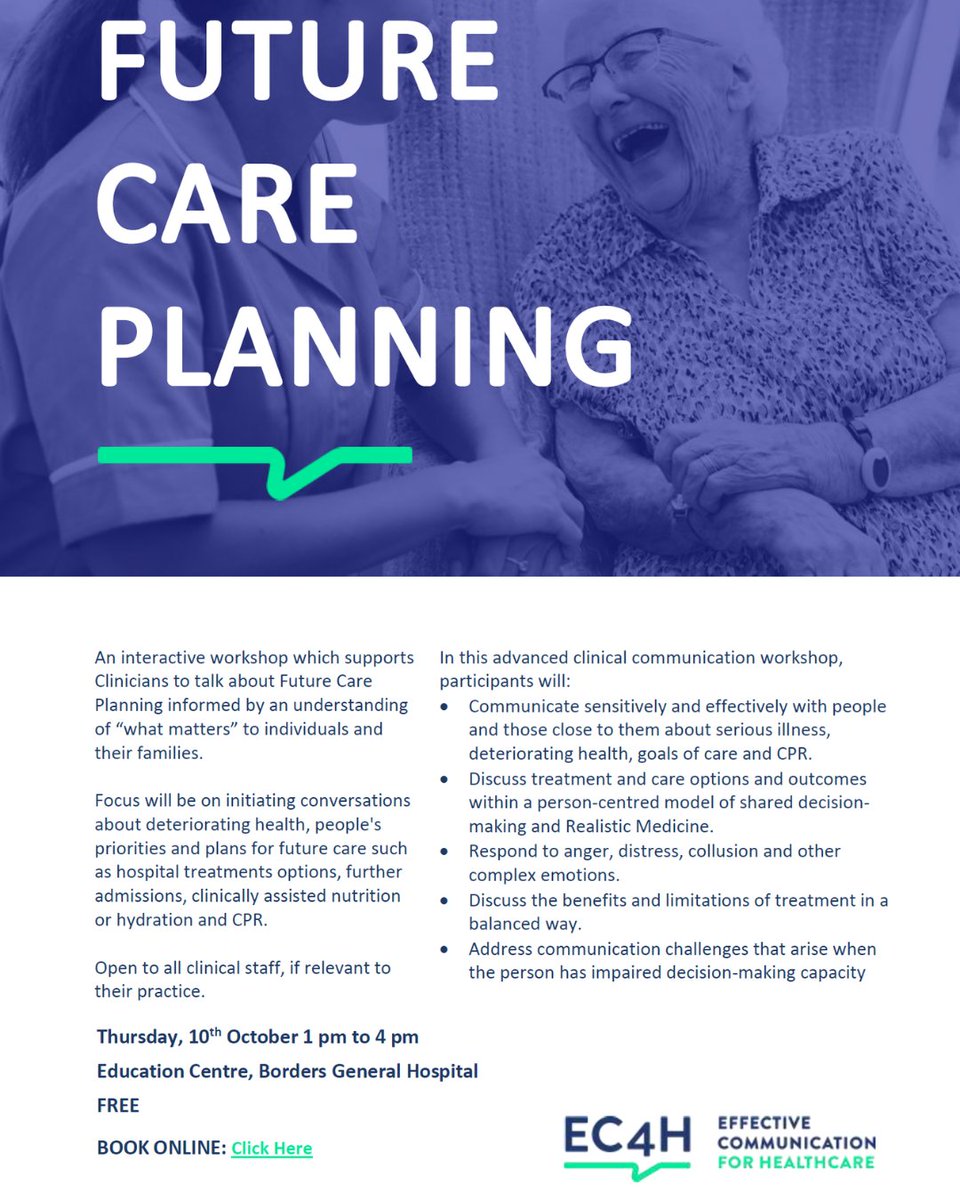 EC4H - Effective Communication for Healthcare (@ec4h7) on Twitter photo FREE advanced communication skills workshop for <a href="/NHSBorders/">NHS Borders</a> staff. Participants will be supported to have difficult conversations about deteriorating health & future care planning, informed by an understanding of "What Matters" to patients & families ⬇️
ec4h.org.uk/workshop/futur… FREE advanced communication skills workshop for <a href="/NHSBorders/">NHS Borders</a> staff. Participants will be supported to have difficult conversations about deteriorating health & future care planning, informed by an understanding of "What Matters" to patients & families ⬇️
ec4h.org.uk/workshop/futur…
