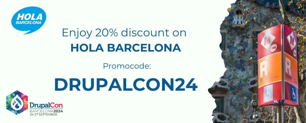 DrupalConEur's tweet image. Enjoy 20% off public transport tickets on the Hola Barcelona website with the code DRUPALCON24!
This discount is available until September 30th, making it easier than ever to travel sustainably around the city. Let’s make a difference together! 🌍#SustainableActionsAtDrupalCon