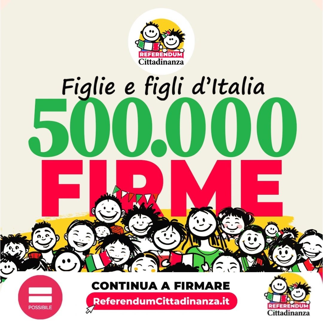 PossibileIt's tweet image. Ce l’abbiamo fatta!

In pochissimi giorni 500.000 cittadine e cittadini hanno firmato per il #ReferendumCittadinanza.

Hanno dimostrato che, quando il Parlamento non trova il coraggio di cambiare leggi ingiuste, possono mobilitarsi e farlo loro stessi, grazie alla Costituzione.