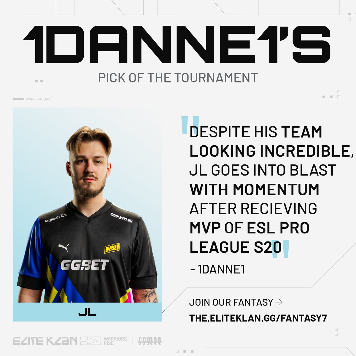 Our fantasy expert <a href="/1danne1_CS2/">1danne1</a>'s Pick of the Tournament is ESL Pro League MVP <a href="/jLcsgo_/">NAVI jL</a> 🏆

Are you getting jL on your fantasy team?

Join and win awesome prizes ➡️ the.eliteklan.gg/fantasy7

#EKFantasy