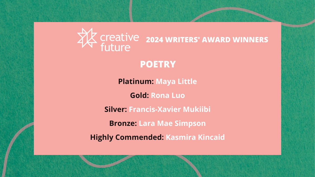 CreativeF_uture's tweet image. Announcing the winners of our 2024 Writers' Award competition for #UnderrepresentedWriters. We received 1,600+ entries from across the UK. THANK YOU, every one of you, for allowing us to read your work.
Today, we share our winners. #CFWA #DiverseVoices

In Poetry ⬇️