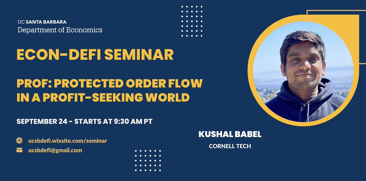 UCSBDeFi's tweet image. Welcome back to school Gauchos!!馃帀 Come to check our 1st seminar this fall quarter tomorrow 9:30am from professor Kushal Babel 馃憦
Zoom link: ucsb.zoom.us/j/83534029174
#Gradforgrad #ucsbdefi