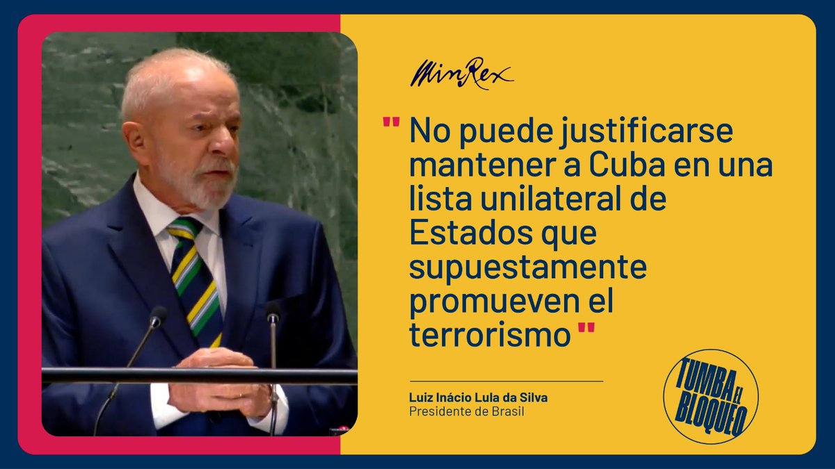 Presidente de #Brasil 🇧🇷, <a href="/LulaOficial/">Lula</a>, denuncia la inclusión de #Cuba 🇨🇺 en lista de países que supuestamente patrocinan el terrorismo.

📌 Debate General #AGNU79. 

#OffTheList