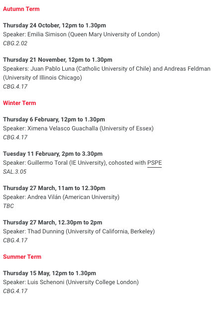 MathiasPoertner's tweet photo. The @LSEnews Latin American Politics Seminar series is back this year with an exciting lineup of speakers...

Talks will be on-campus (open to anyone interested) but you can also join us remotely: https://t.co/knRo9xIymx

@vic_paniagua @LSEGovernment @LSEIRDept https://t.co/vVaH7yeZFs