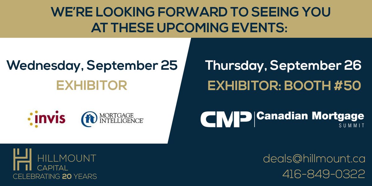 We’re gearing up for two big days of networking and knowledge sharing! First up, we’ll be attending Invis/Mortgage Intelligence PD Day in Mississauga.
Then, we’ll be at the CMP Canadian Mortgage Summit at the Pearson Convention Centre! 
Don’t miss your chance to connect with us!