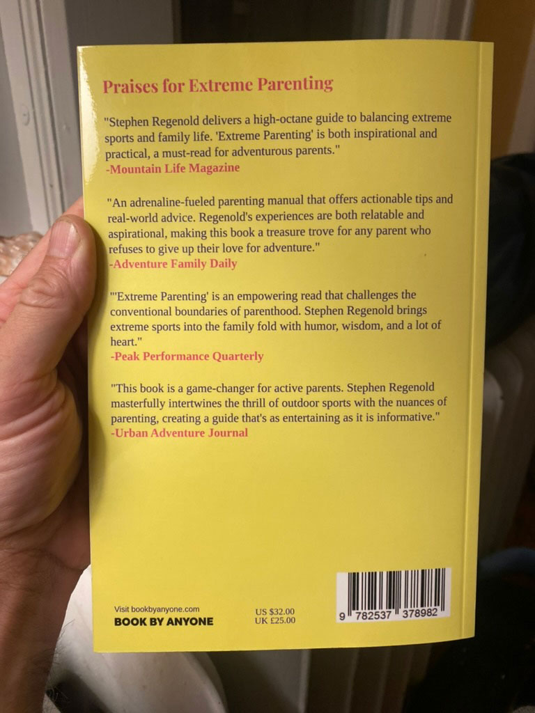 stephenregenold's tweet photo. 📖 New Book!

Last month, I wrote a book. “Extreme Parenting” is 250 pages of anecdotes and advice on how to raise kids in an outdoorsy home.

The content was culled from my experience raising kids to bike, hike, ski, and climb. It took me 5 minutes to "write."

The 250-page book is bound in a glossy cover with blurb praises on the back. It feels real in the hand and, indeed, it is a real book.

The writing is not real. It is, of course, AI. 🤖

➡️ A new tool produces an instant book. It walks you through a series of questions and prompts. Then, it offers a title, cover design, and 75,000 words divided into chapters like “The Call of the Wild” and “Gear Up.”

At a skim, the book appears to be written by me as a father raising kids to seek adventure and push limits in the outdoors. It talks about my wife by name and invents adventures recalled with kids in tow.

Here’s an example passage: “Quality gear makes a difference. With everything from backpacks to helmets, it’s essential to invest in gear that can withstand the tests—and tantrums—of children. This is where I started to channel my inner gearhead fervor, throwing myself into research like a toddler into a mud puddle.”

It goes on like that, page after page. The book is kind of amazing, and it also hurts to read.

The writing is both insipid and surreal. It is hallucinogenic gobbledygook at points, but mostly just repetitive, abstract B.S. that is tiring on the eyes.

➡️ The tool is on https://t.co/ZjghlzU6m4. The company touts its product, which costs about $35, as a gag. To me, it was more than that… “Extreme Parenting” is not well written, but it is representative of a moment in time where AI is coming of age. I was impressed, to be honest, with the no-fuss process and the product that arrived in the mail.

The book now sits on my coffee table, and my kids flip through it looking for their names. I read a few pages when I want a peek into the AI machine or when I need to slow down my brain later at night, eyes drooping, as it helps me to fall asleep.