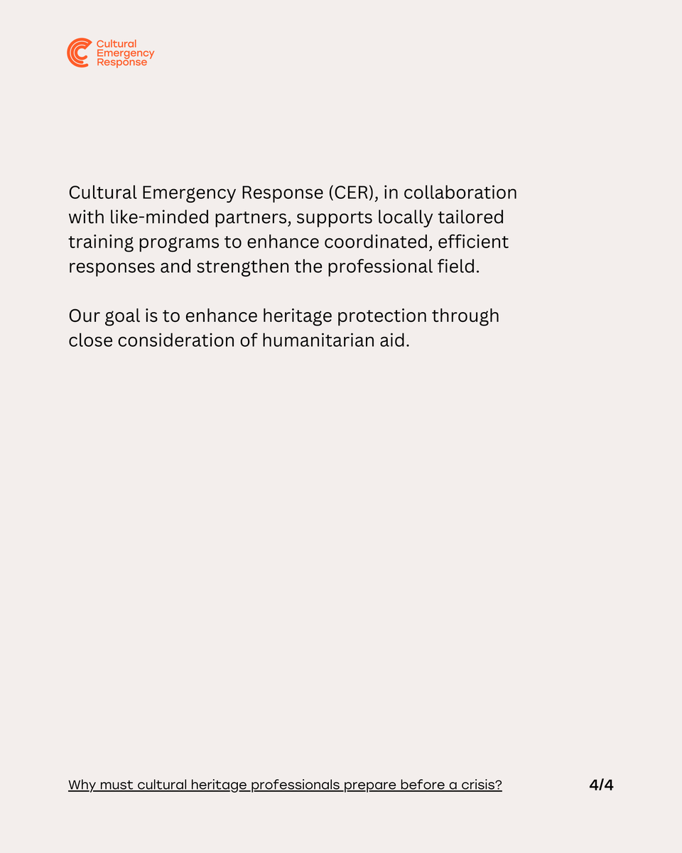 CERorganization's tweet photo. By preparing before a crisis strikes, CER helps ensure that our local partners are ready to act and protect cultural heritage under threat. #CER #emergencypreparedness https://t.co/mqMb5eKq8E