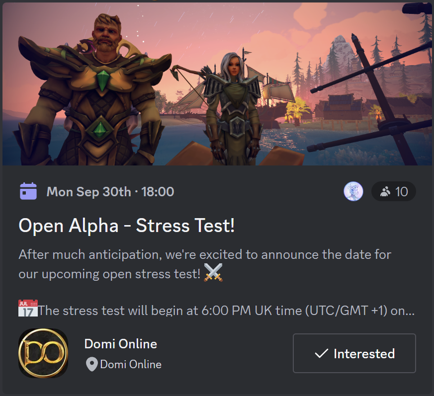 Want to be one of the first to enter the Domi Online - Stress Test next week? 

Make sure to sign-up/share the event on discord!
 discord.com/channels/89785…