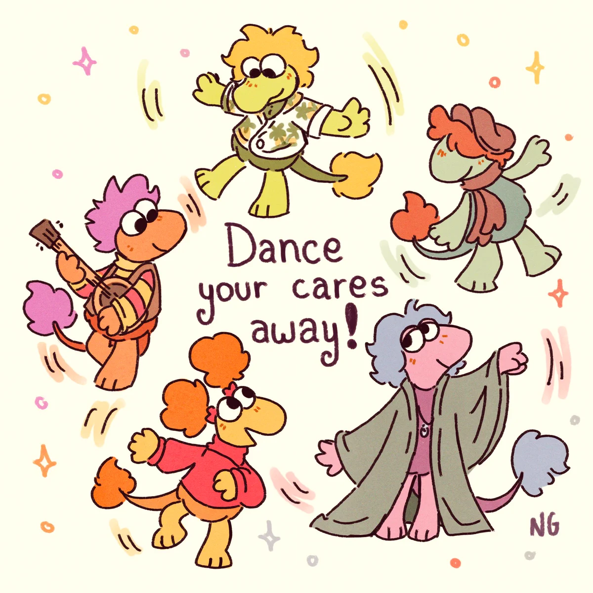 An illustration based on the show Fraggle Rock. It shows Gobo, Wembley, Boober, Mokey and Red dancing in a circle. Around them are small sparkles and stars. In the middle there's an inscription that reads "Dance your cares away!". The background is white.
