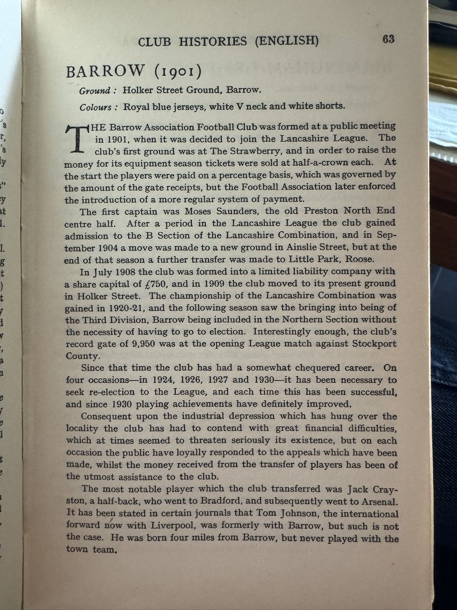 Good luck to <a href="/BarrowAFC/">Barrow AFC</a> on their trip to London today. Here is their entry in a football encyclopaedia dating back to the 1930s that I found sorting out some books earlier today…
