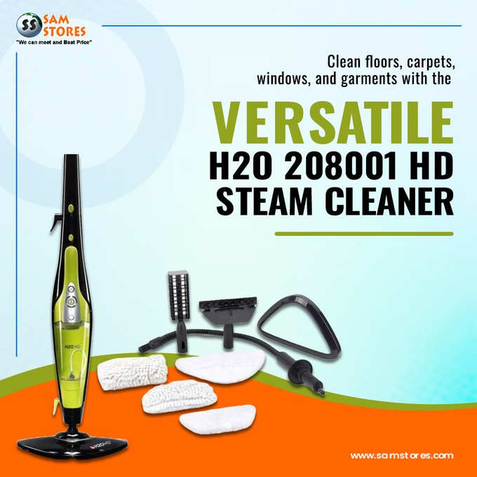 The H2O 208001 HD Steam Cleaner is your versatile 5-in-1 solution for all cleaning tasks—floor, carpet, windows, garments, and handheld use. Lightweight, foldable, and with a long 6m cable for extended reach. Visit - samstores.com/product-h2o-20……… 
#SteamCleaner #MultiPurpose
