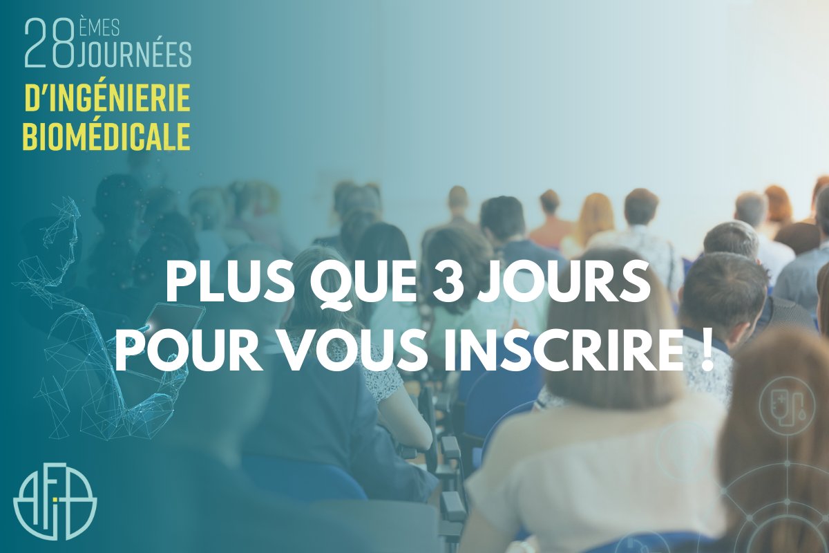 🚨 Les inscriptions au Congrès AFIB 2024 se terminent le 27 septembre à 14h00 !

3 jours d’échanges et de partages d’expérience au travers de 6 plénières, 32 ateliers, 2 table-rondes, 140 industriels

Inscriptions 👉 bit.ly/45jVPoU

#afib2024 #biomedical #ingebio #sante