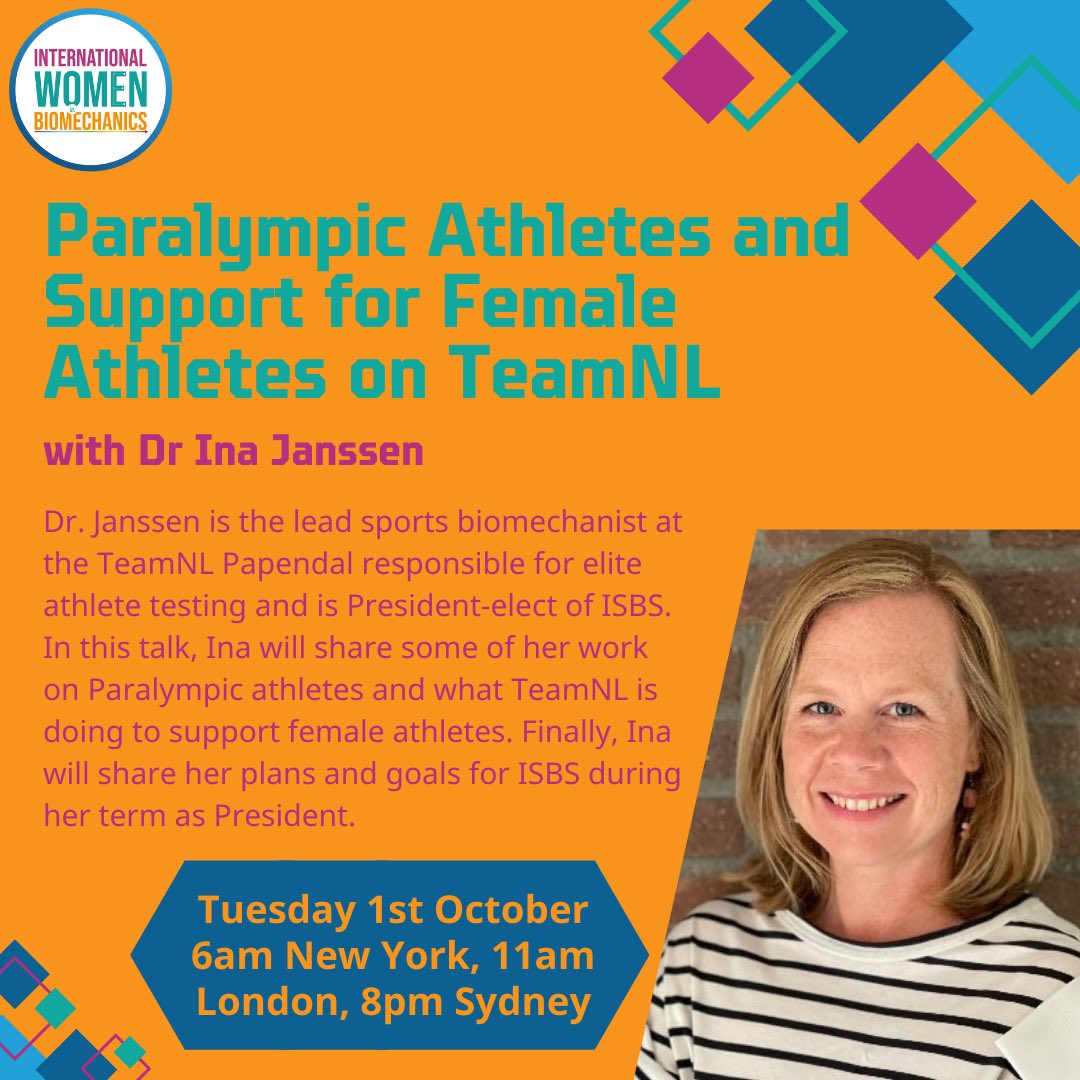 International Women in Biomechanics (@intwomenbiomech) on Twitter photo 1 day to go! Join us with Dr. Ina Janssen (<a href="/janssen_ina/">Ina Janssen</a>), who will share some of her work on Paralympic athletes and what TeamNL is doing to support female athletes. Open to members and allies! See you Tuesday 1st October, 6am EDT (6am New York, 11am London, 8pm Sydney) 1 day to go! Join us with Dr. Ina Janssen (<a href="/janssen_ina/">Ina Janssen</a>), who will share some of her work on Paralympic athletes and what TeamNL is doing to support female athletes. Open to members and allies! See you Tuesday 1st October, 6am EDT (6am New York, 11am London, 8pm Sydney)