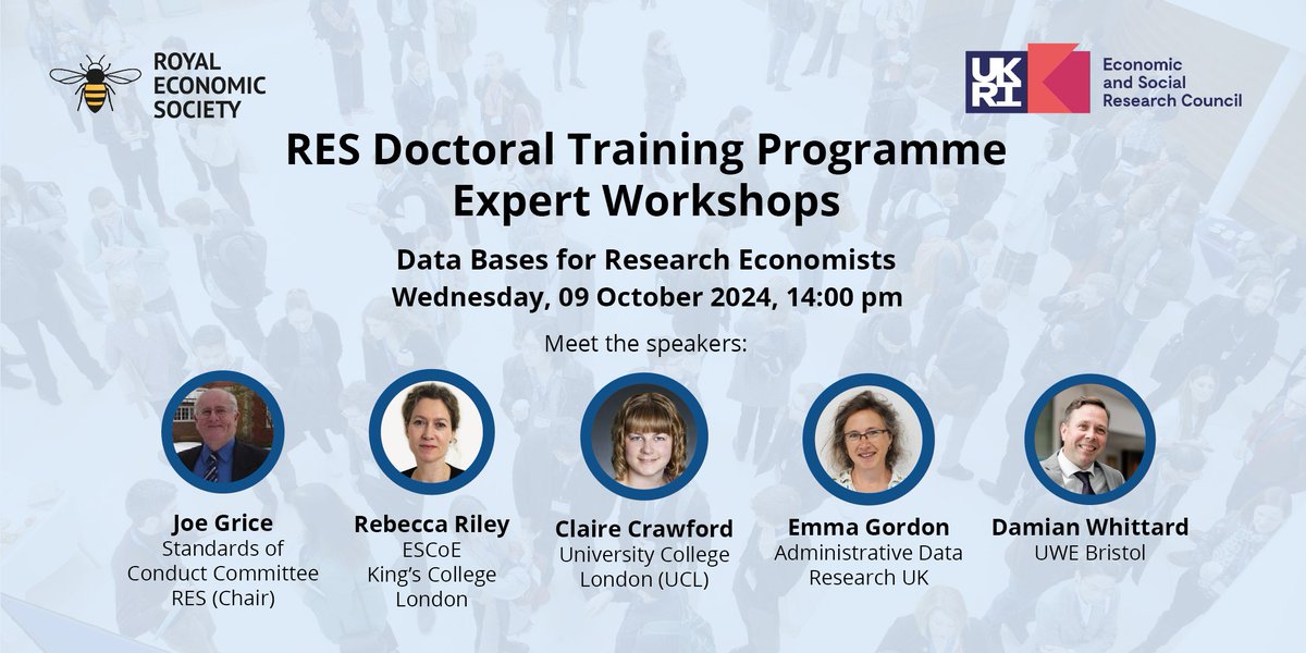 RoyalEconSoc's tweet image. 📢Book your place for our #DTP #ExpertWorkshop ‘Data Bases for Research Economists’!
🗓️09 October, 14:00-17:00
🗣️Joe Grice, Emma Gordon, @rebeccasriley, @claire_l_crawf and Damian Whittard

👉bit.ly/4eb2ENq

#EconTwitter #DoctoralTraining #PhDStudents