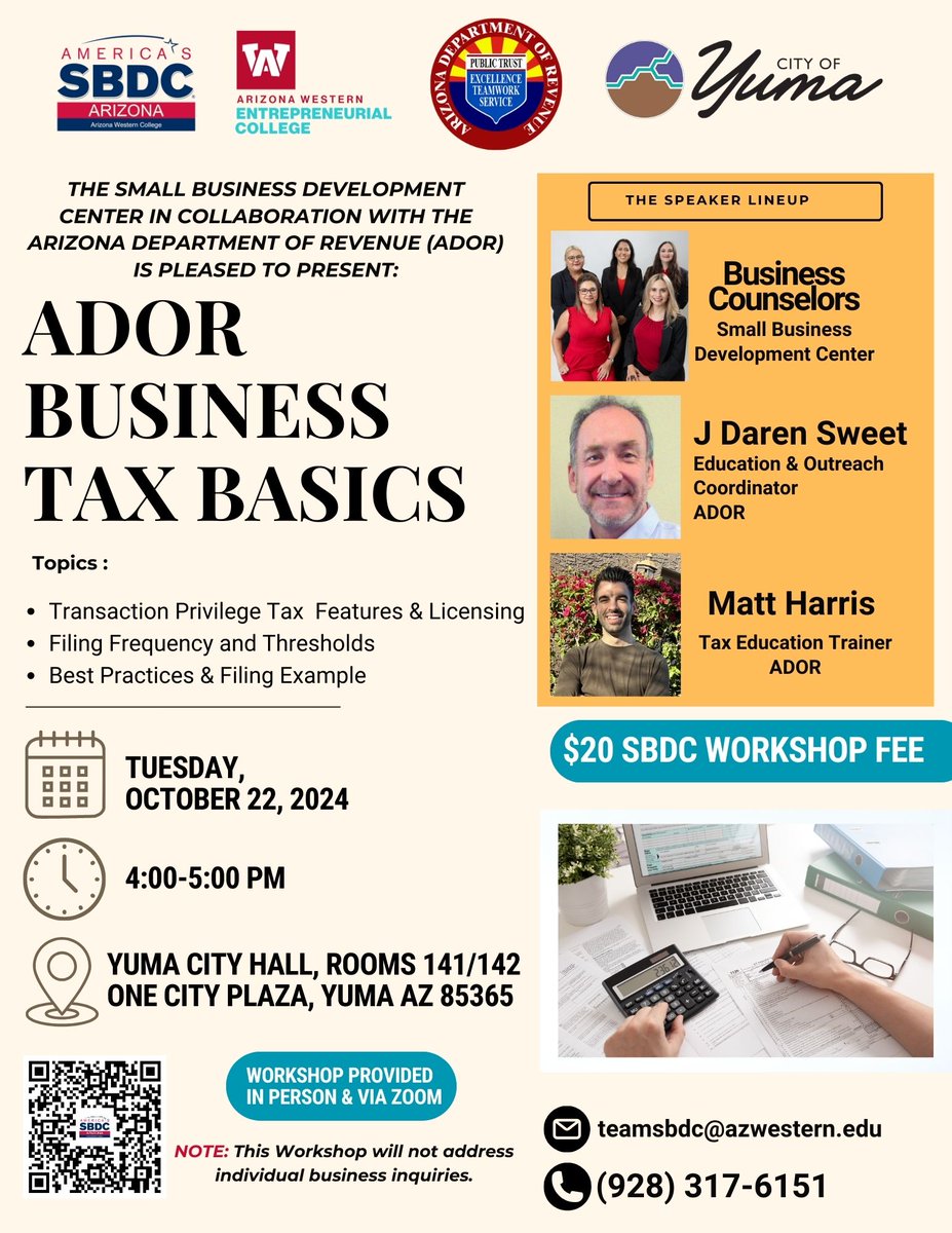 SBDCAWC's tweet photo. Level up your tax knowledge for business success🧮 

Take advantage of the opportunity to participate in the workshop that SBDC, in collaboration with the Arizona Department of Revenue (ADOR) has prepared for you 🏆

Click here to register🥳: https://t.co/fhWEZrrD8H https://t.co/mA1GKMUatK