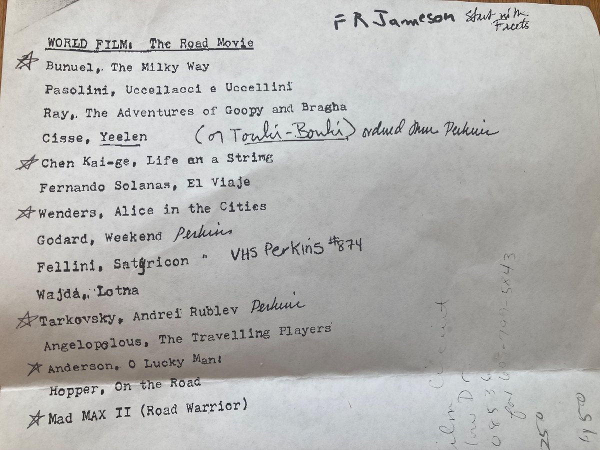 jameson ephemera...
his list of films for a class on road movie, circa late 90s