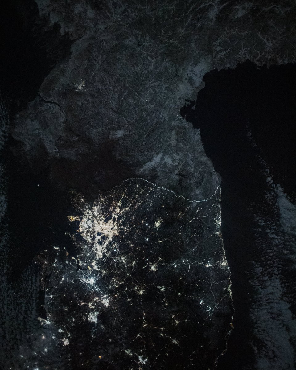 North &amp; South Korea, at night. Geopolitics illuminated. 
Photo taken from the International Space Station.