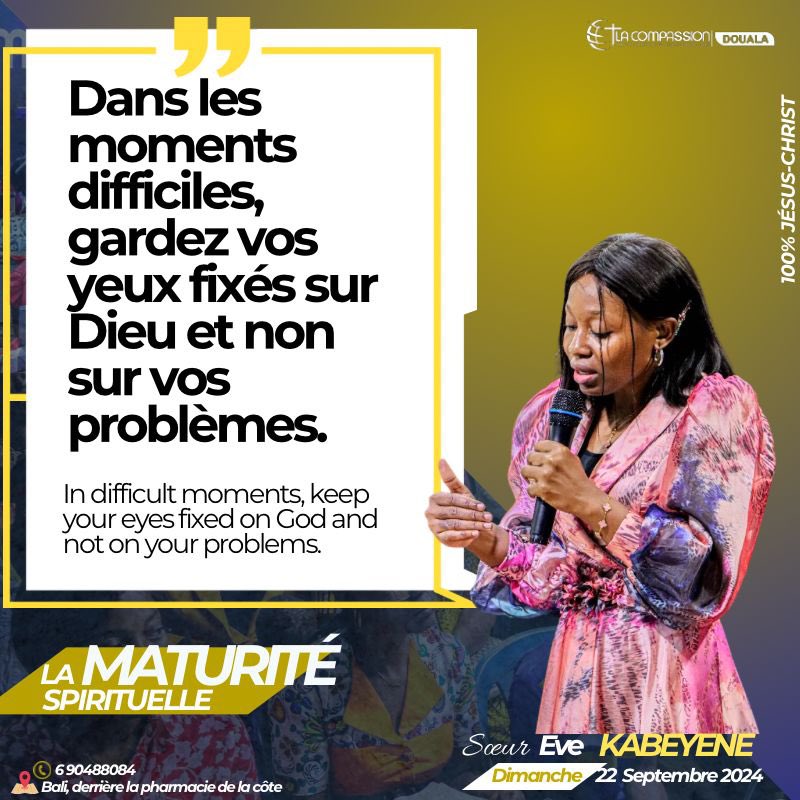 CompassionDla's tweet photo. Quelques Pensées inspirées de notre culte dominical du 22 / 09 / 2024
Thème : La Maturité Spirituelle
Sous-Theme : Réussir dans l’épreuve…
Oratrice : Sr Eve Kabeyene
#CompassionDouala #Egliselacompassiondouala #reussir https://t.co/c0SRGS6Nep